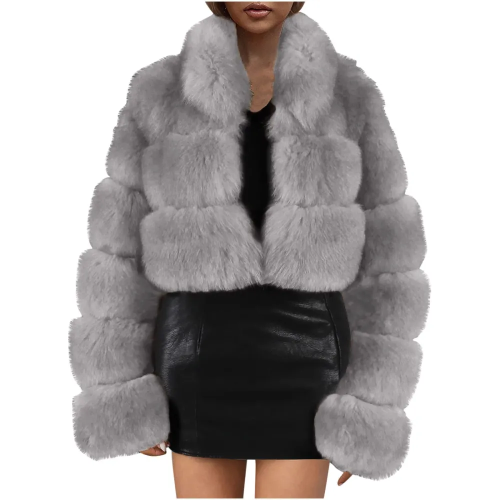 X1-Gray Faux Fur Coat Women with Hood Cropped Bubble Coats Fleece Short Warm Jackets Plus Size Winter Coats for Women