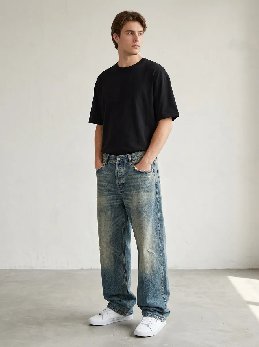 Men's Roomy Distressed Wide Leg Jeans
