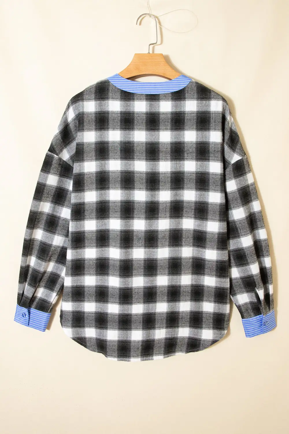 Black Contrast Striped Edge Half Placket Plaid Blouse