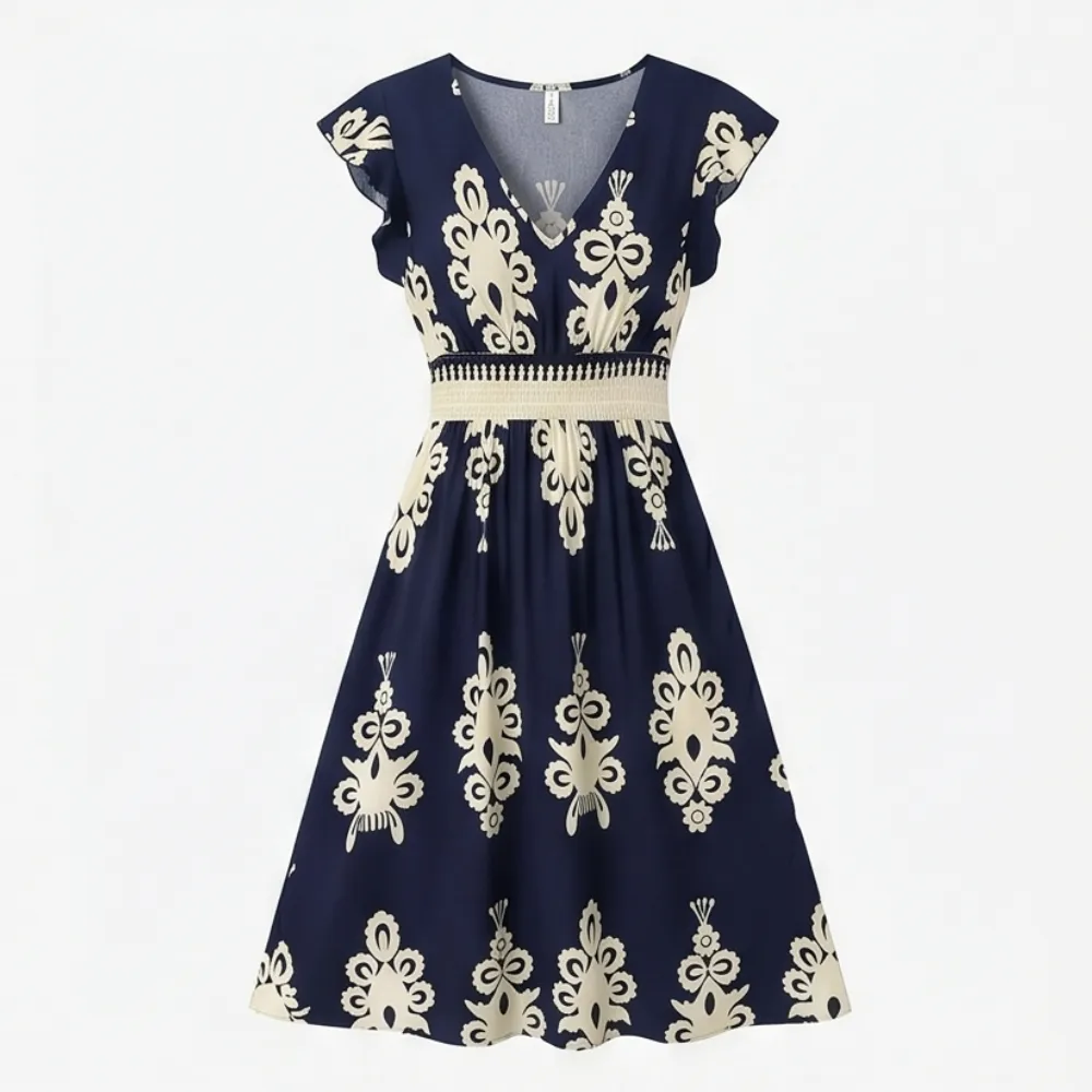 V Neck Printed Damask Midi Dress