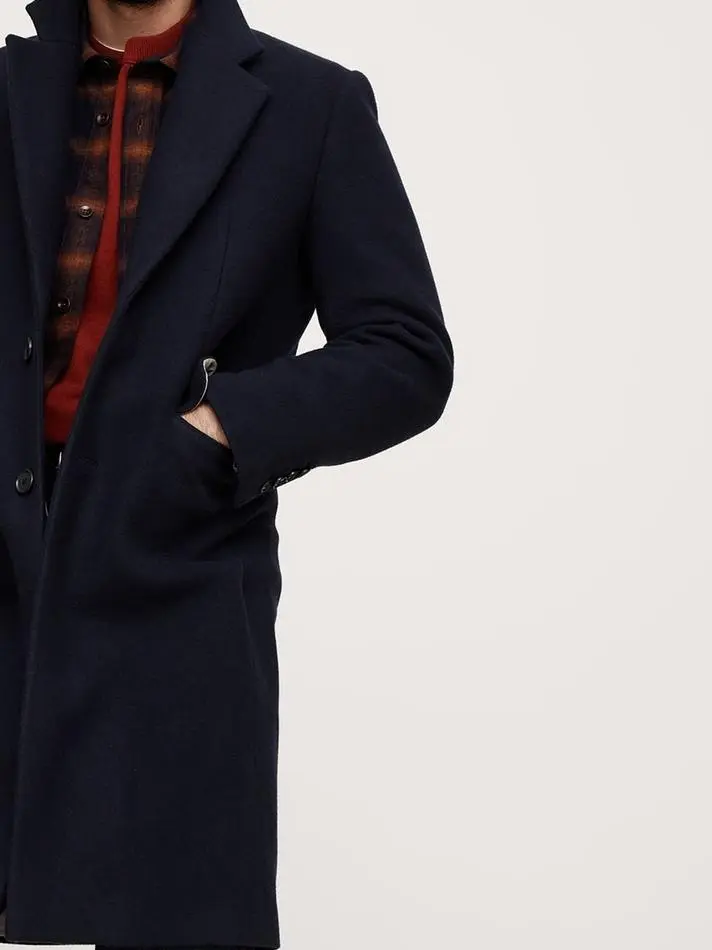 Men's Long Navy Blue Wool Coat