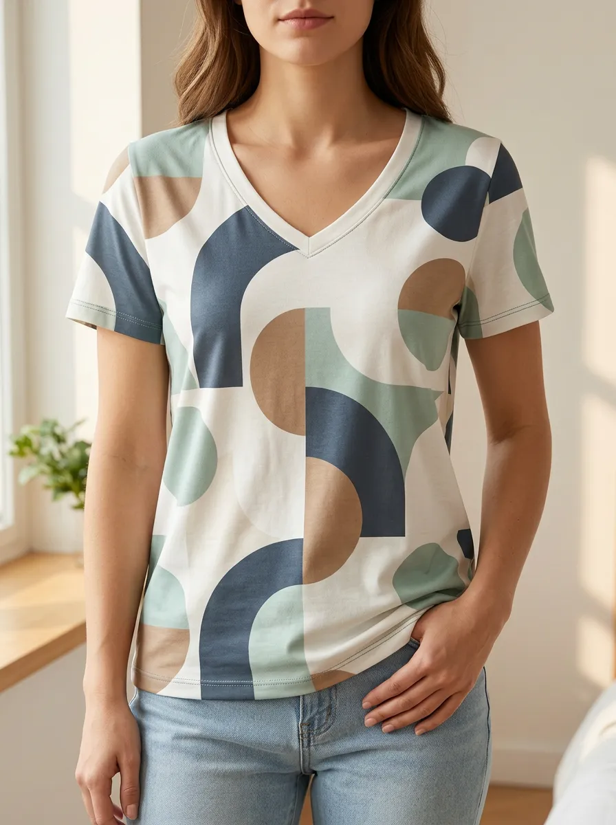 Women's Fluid Geometric Abstract Pattern V-Neck T-Shirt