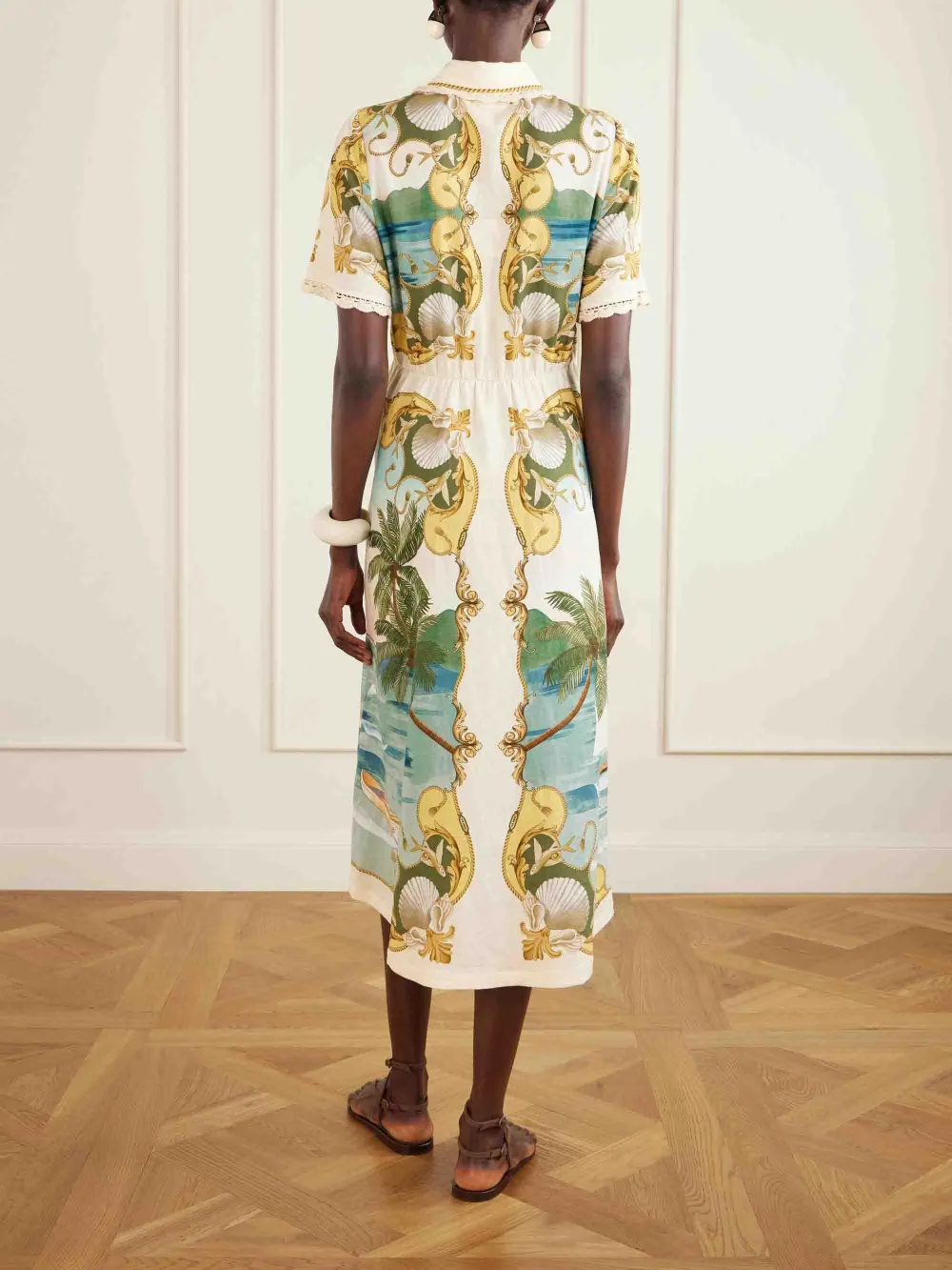 Palm And Shell Print Button Front Midi Dress