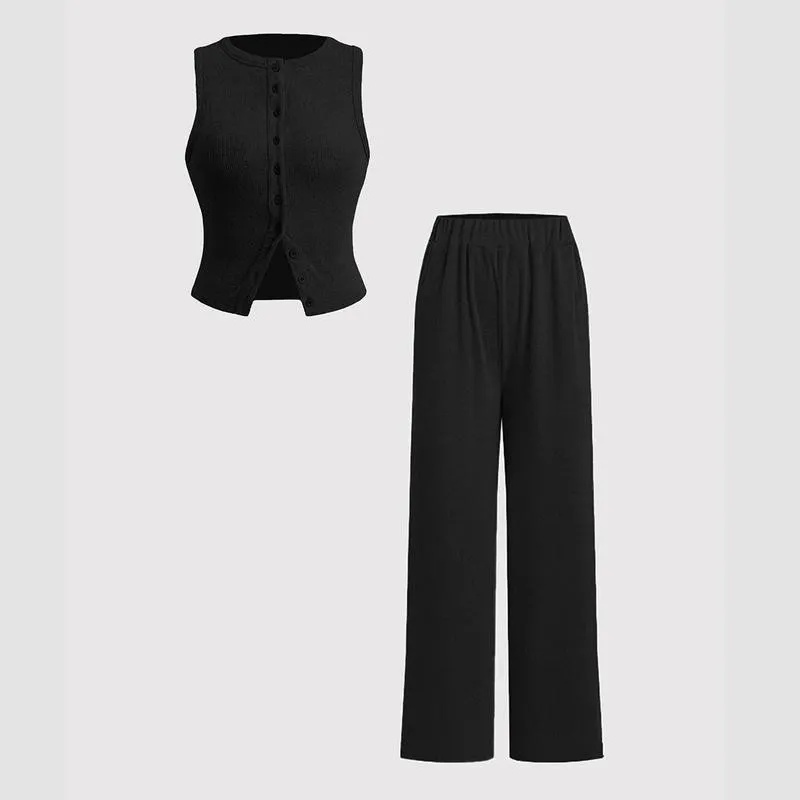 Women'S Knit Button Vest & Pants Set