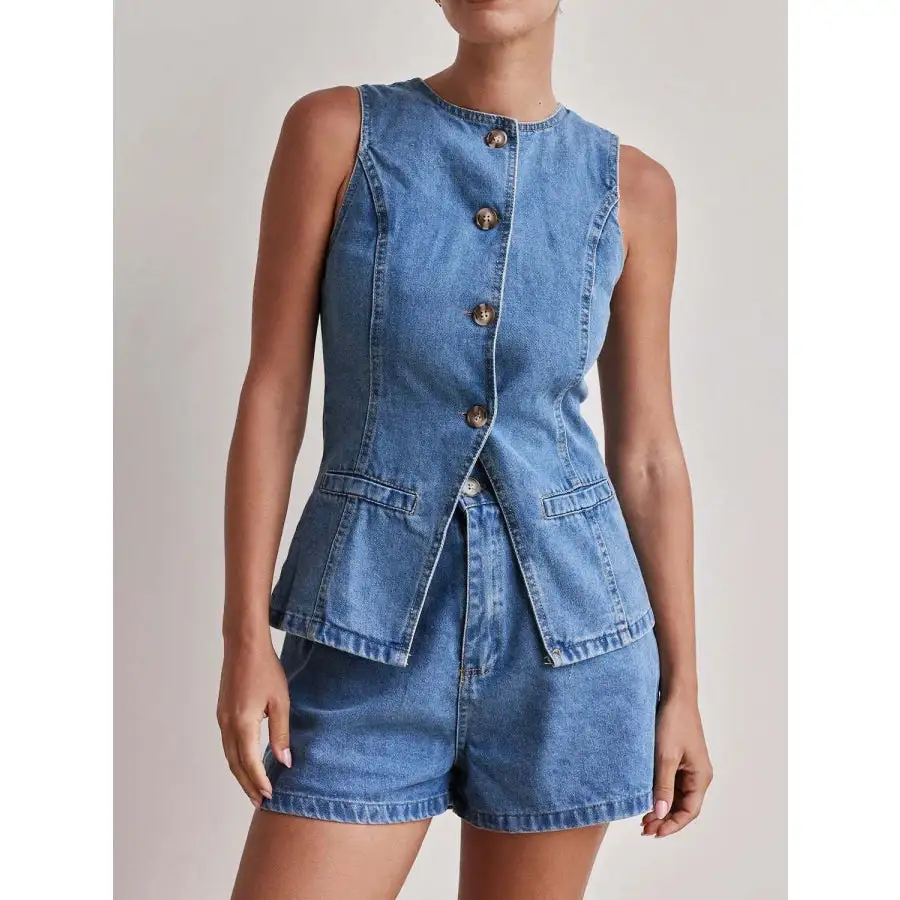 Relaxed Button Down Vest and Shorts Denim Set
