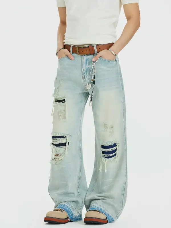 Wide-Leg Ripped Patchwork Jeans