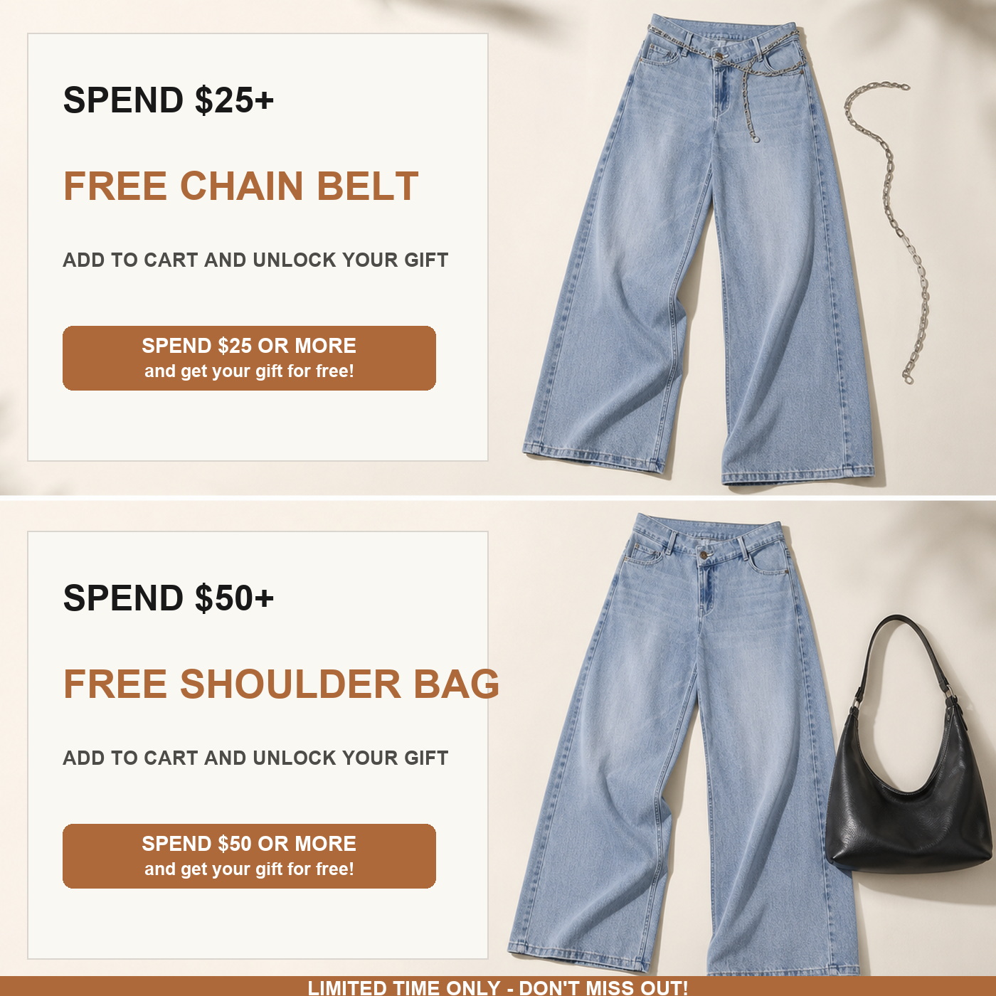 Free matching gift offer for asymmetrical wide-leg jeans