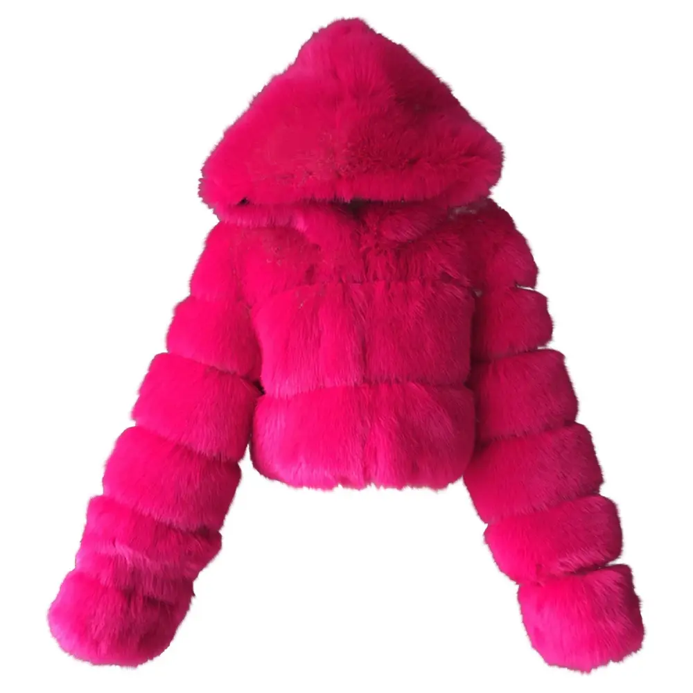 Hot Pink Faux Fur Coat Women with Hood Cropped Bubble Coats Fleece Short Warm Jackets Plus Size Winter Coats for Women
