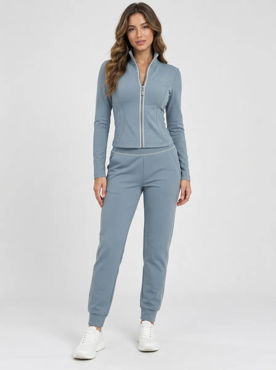 Women's Dusty Blue Embroidered Zip-Up Jacket & Jogger Set