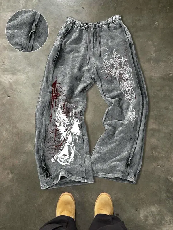 Men's Washed Cotton Sweatpants with Side Stitching, Gothic Pattern, Comfortable Casual Pants for Daily Wear