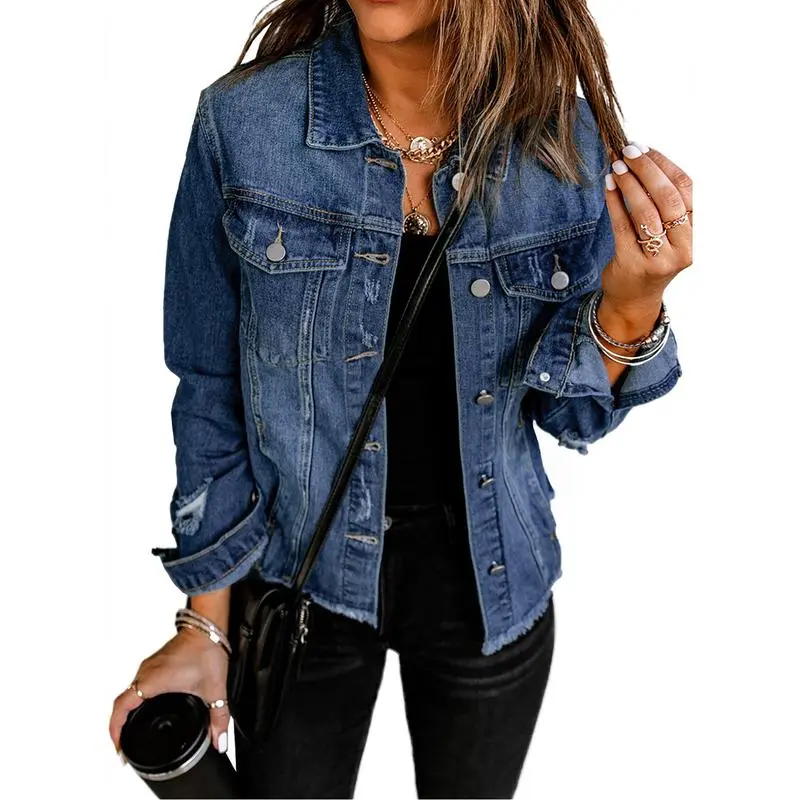 Women's Jean Jackets Casual Non Stretch Boyfriend Washed Coats Distressed Ripped Lapel Long Sleeve Denim Outwear Tops 2025 Womenswear Fall Winter Outfits Fitted Basic