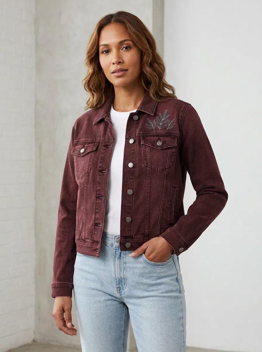Women's Botanical Leaf Printed Denim Jacket