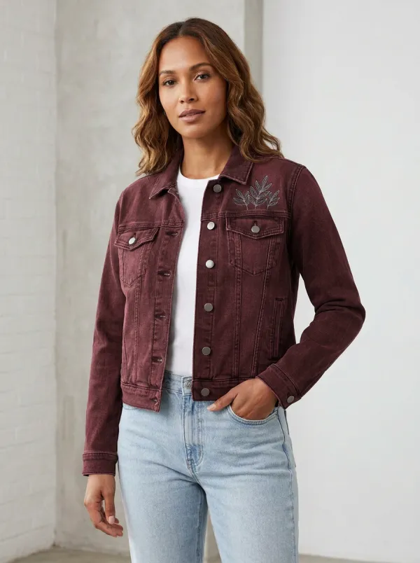 Women's Botanical Leaf Printed Denim Jacket