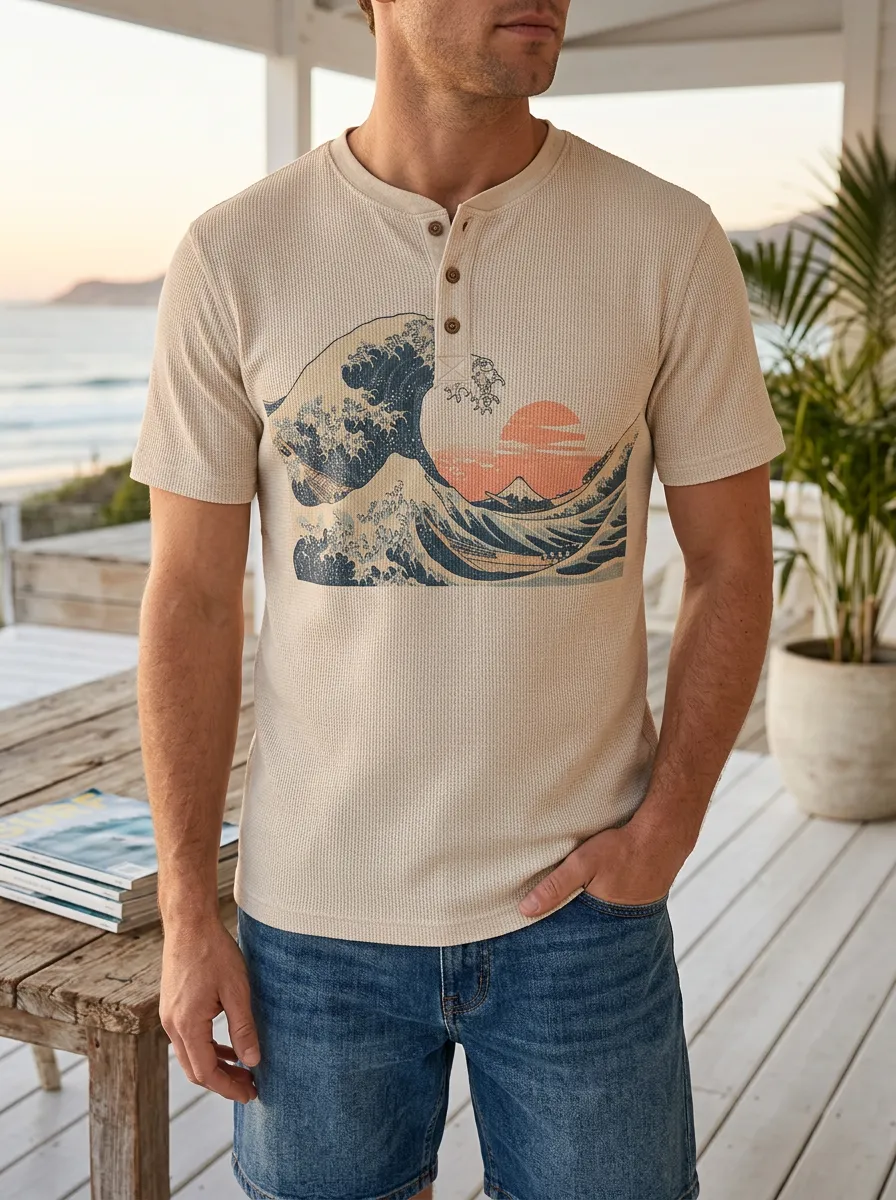 Men's Japanese Wave Art Sunset Printed Waffle Henley T-shirt