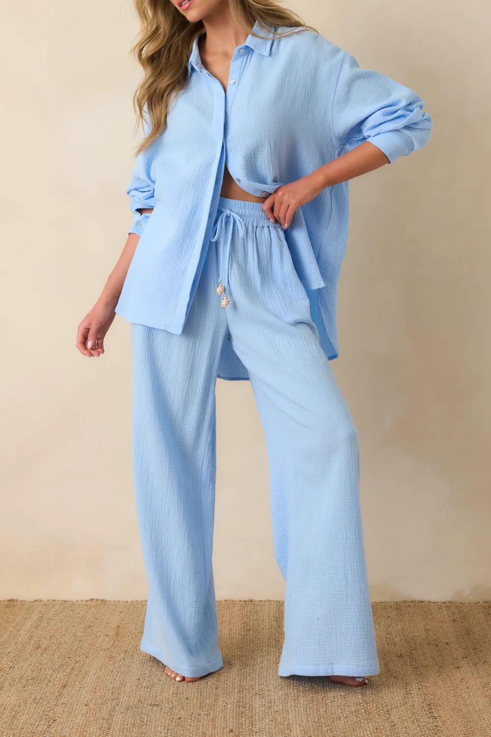 Ocean Blue Textured Wide Leg Pants