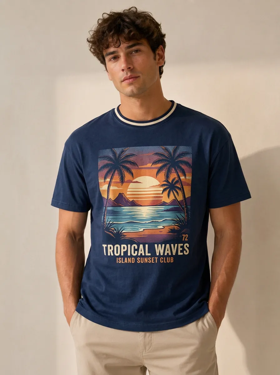 Men's Palm Tree Tropical Graphic Crewneck T-Shirt