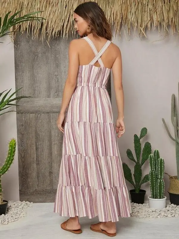 Women Striped Button Front Patch Pocket Dress