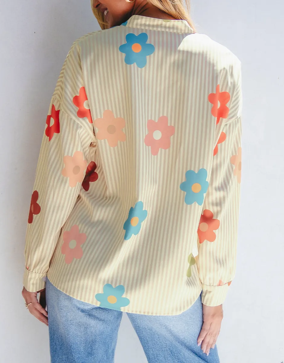 Flower Print Collared Button Up Loose Fit Shirt