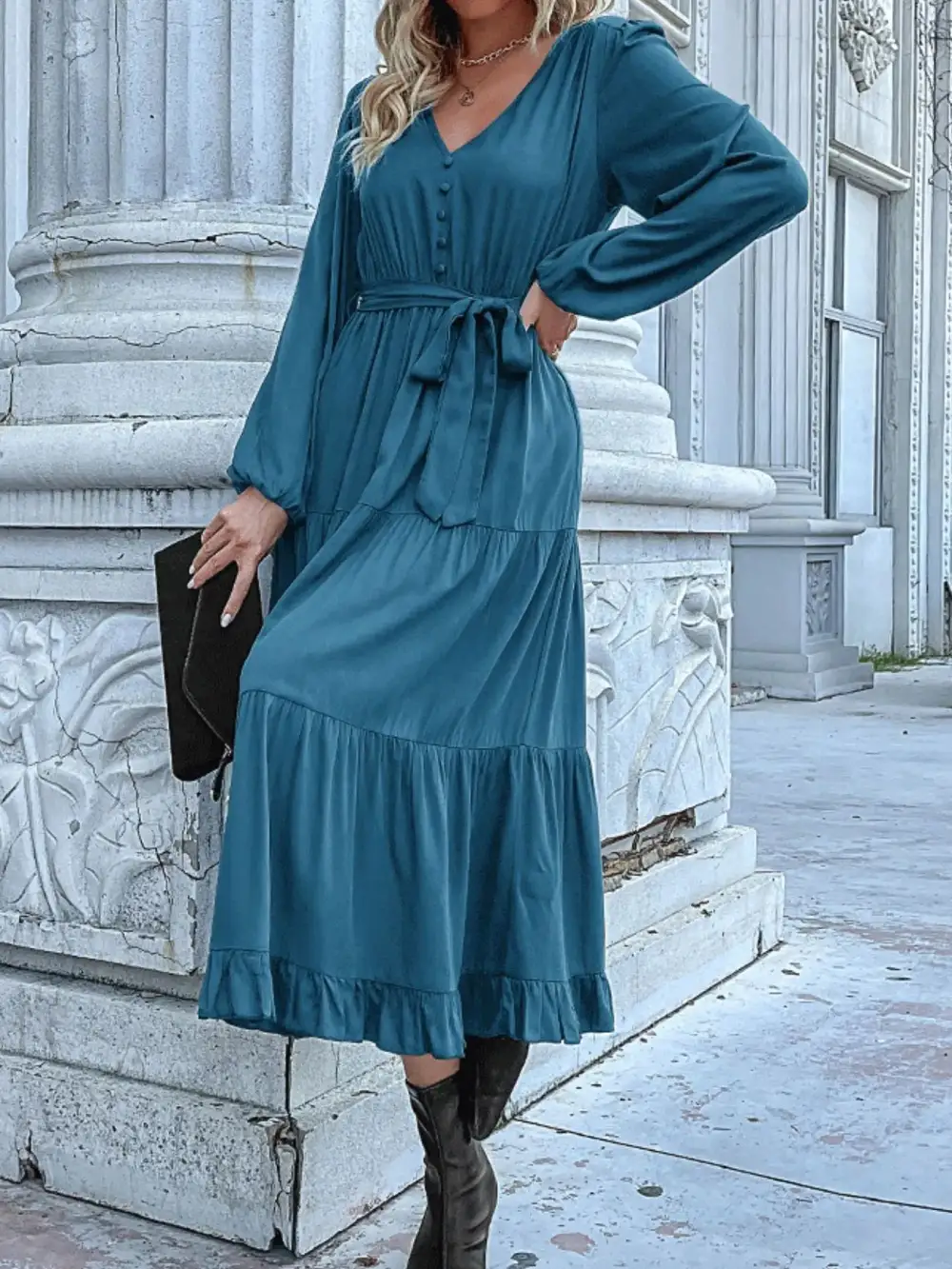 Smooth Finish V Neck Ruffle Dress