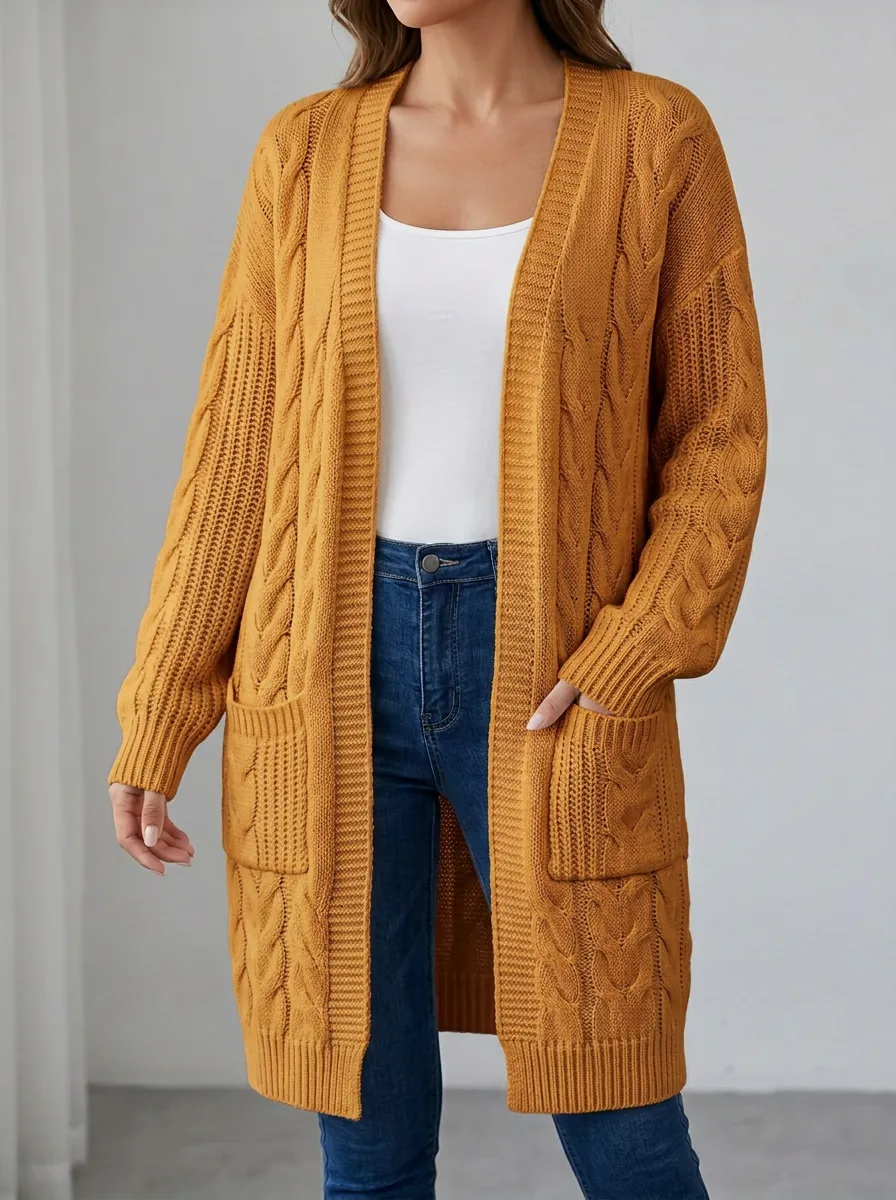 Women's Cable Knit Open-Front Long Cardigan