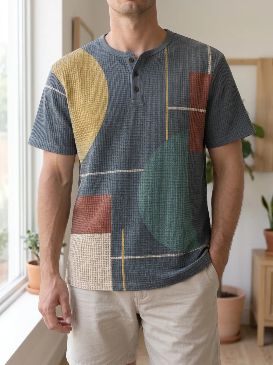 Men's Classic Abstract Geometric Waffle Knit Henley T-Shirt