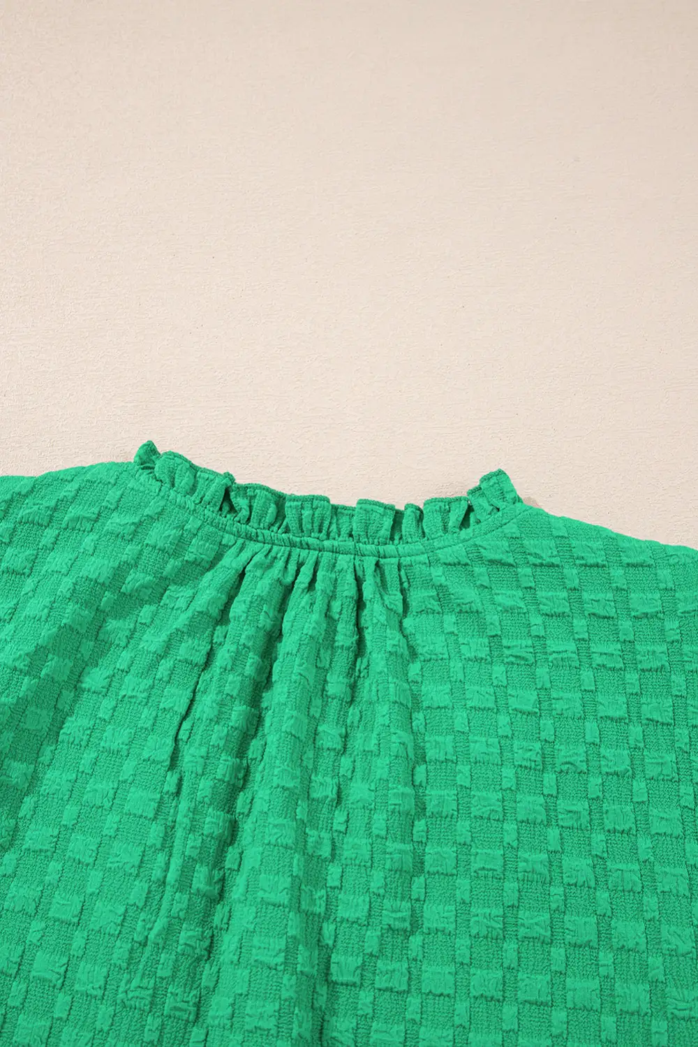 Bright Green Textured Puff Short Sleeve Notched V Neck Top