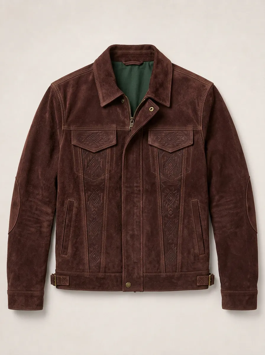 Men's Western Tribal Pattern Embossed Suede Jacket