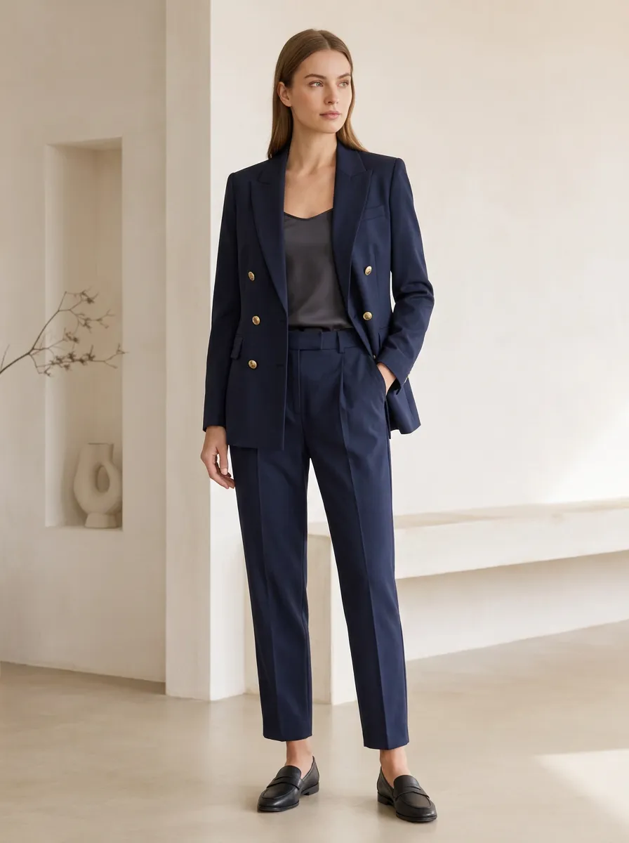 Women's Double Breasted Business Professional Navy Double-Breasted Blazer Trouser Suit