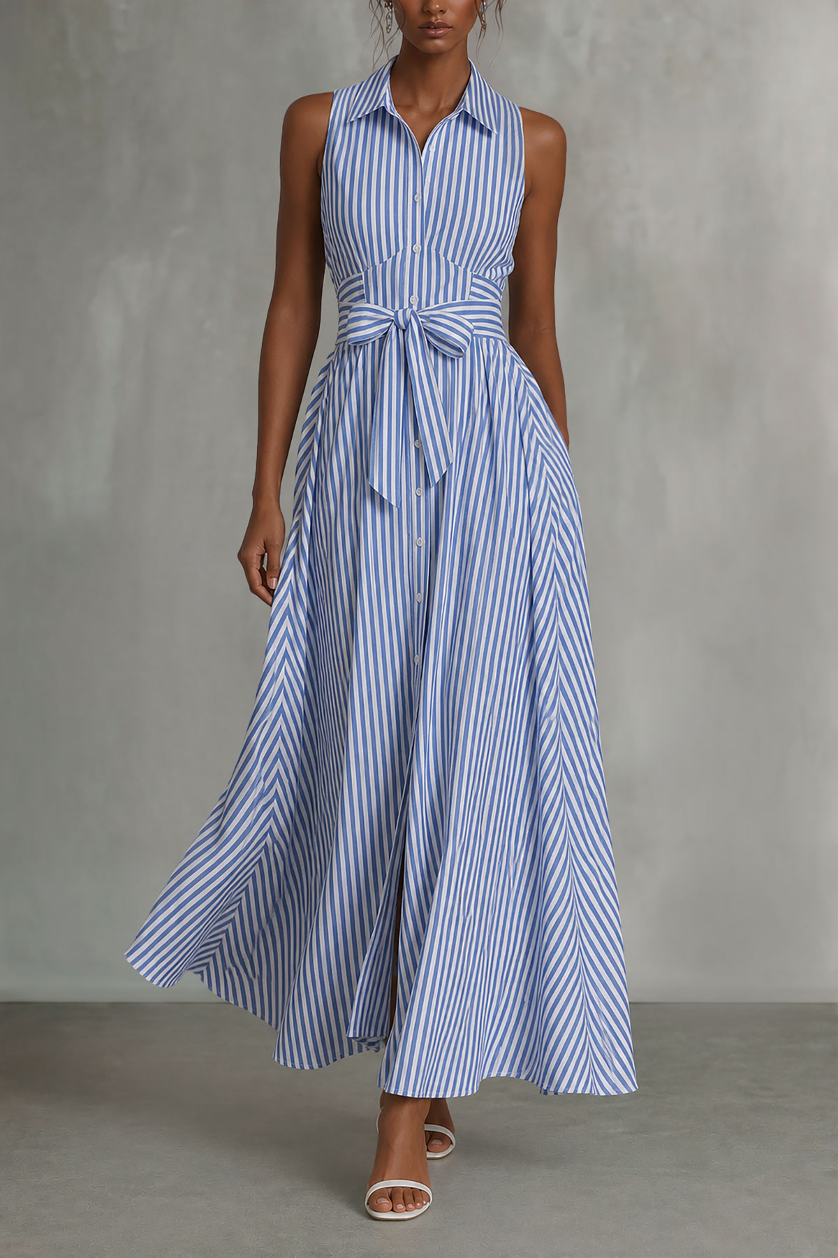Tie Detail Button Front Striped Midi Dress