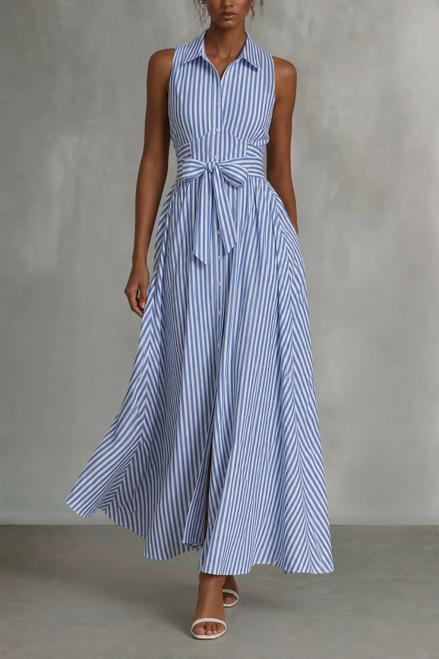 Tie Detail Button Front Striped Midi Dress