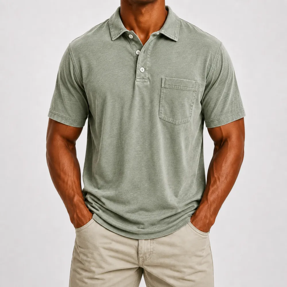 Men's Washed Cotton Blend Pocket Polo Shirt, Lightweight Breathable 3-Button Relaxed Fit