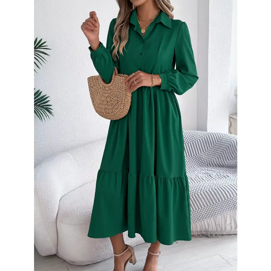 Long Sleeve Tiered Button Front Midi Dress