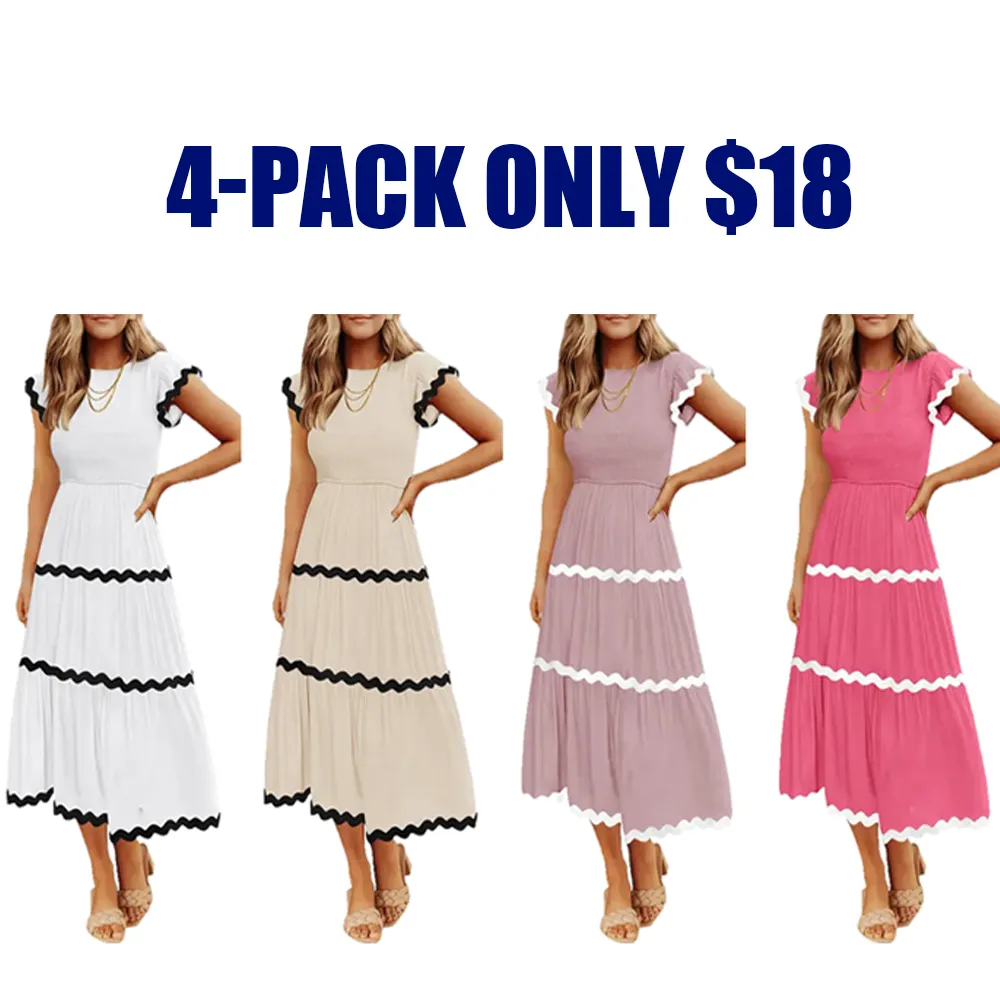 Women's Flowy Short-Sleeved Pleated Midi Dress