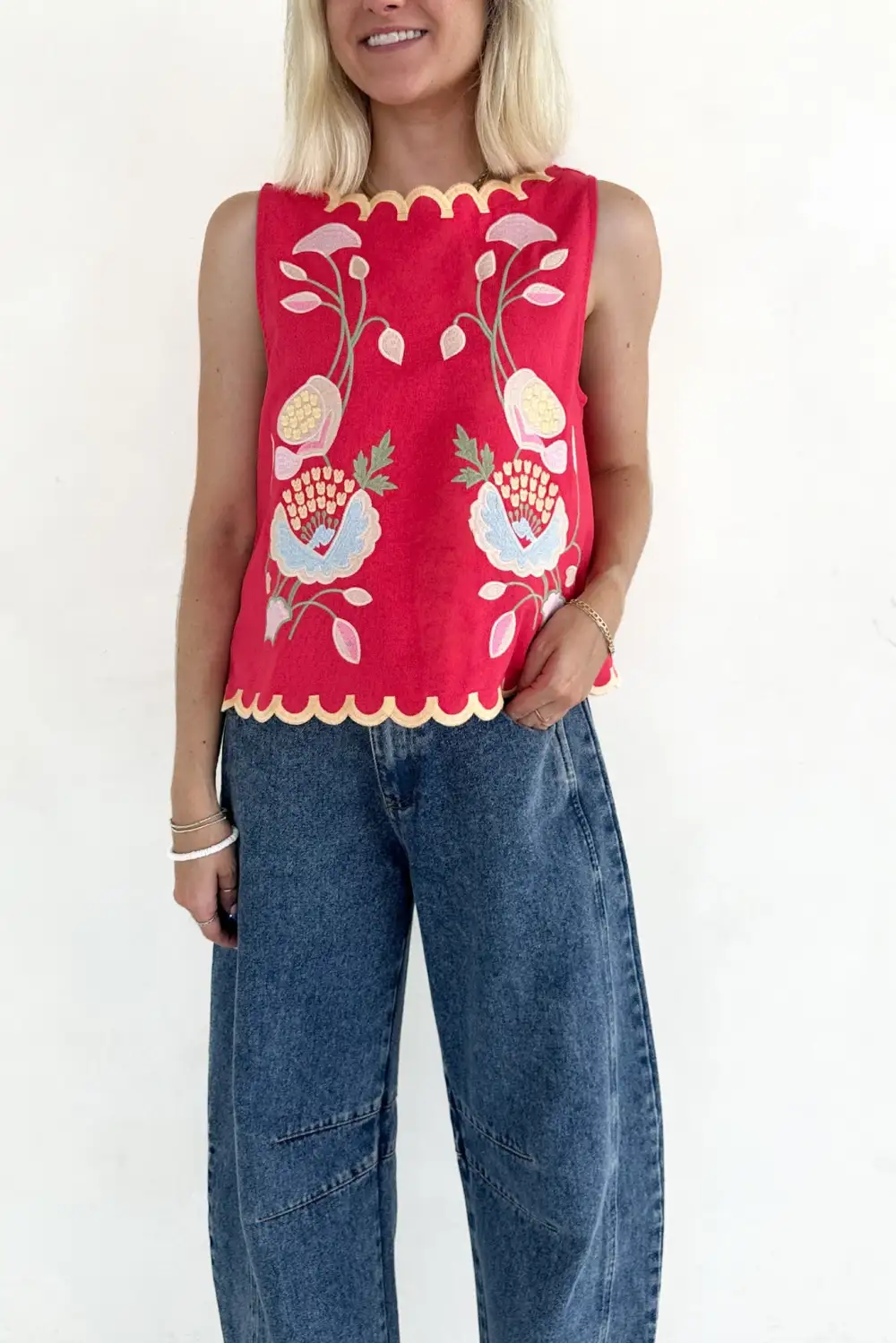 Structured Floral Embroidered Sleeveless Top