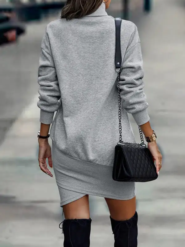 Casual Long Sleeve Solid Color High Neck Mini Dress