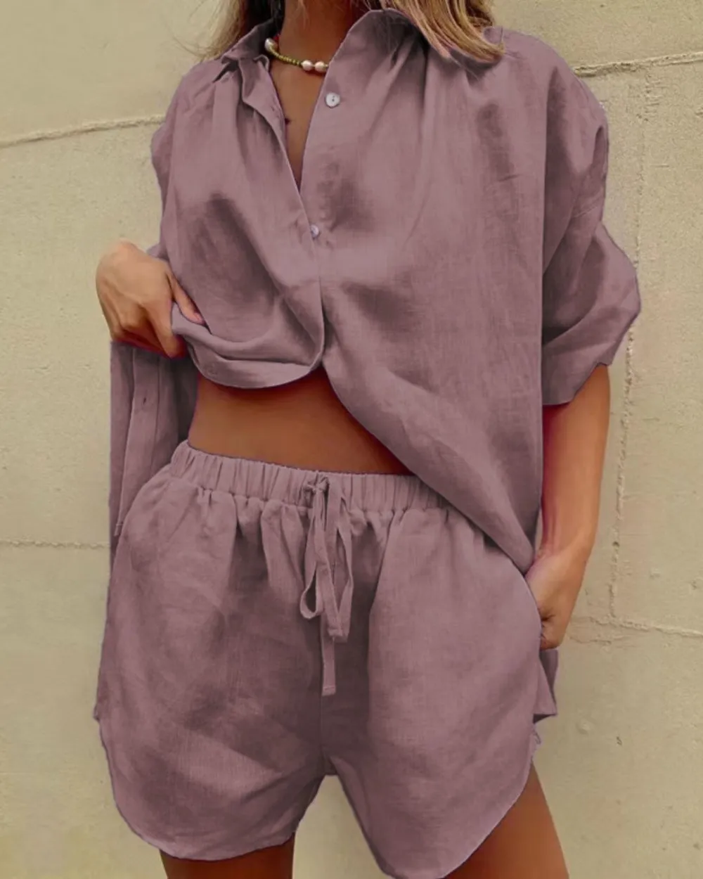 Casual V-Neck Shirt and Shorts Two-Piece Set