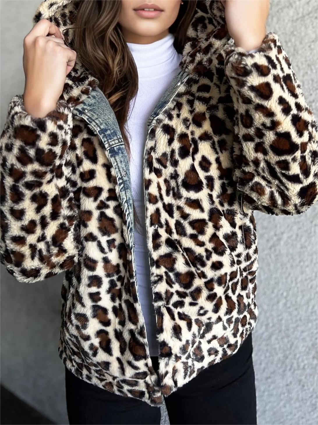 Denim Jacket with Leopard Fur Collar