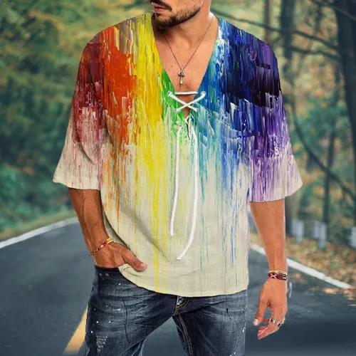 Men's drawstring V-neck casual rainbow T-shirt