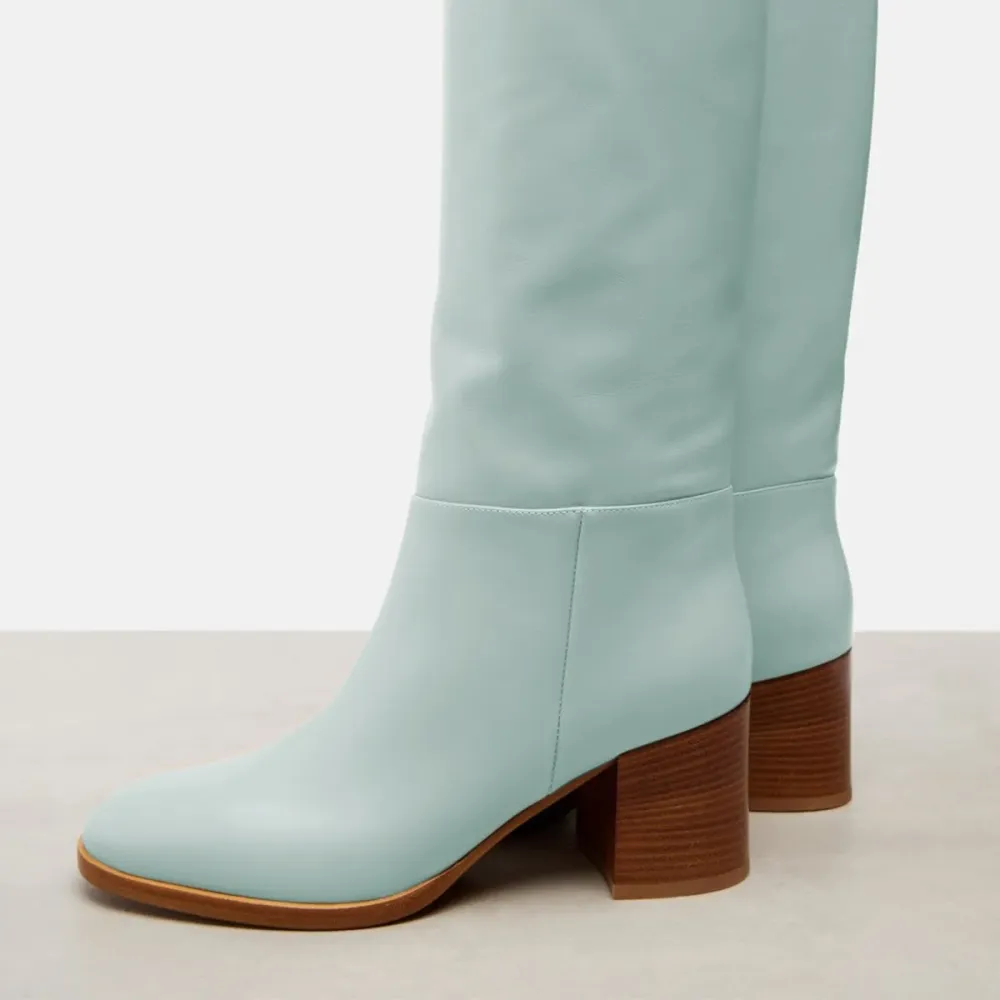 Faux-Leather Pull-On Round-Toe Block-Heel Knee-High Boots
