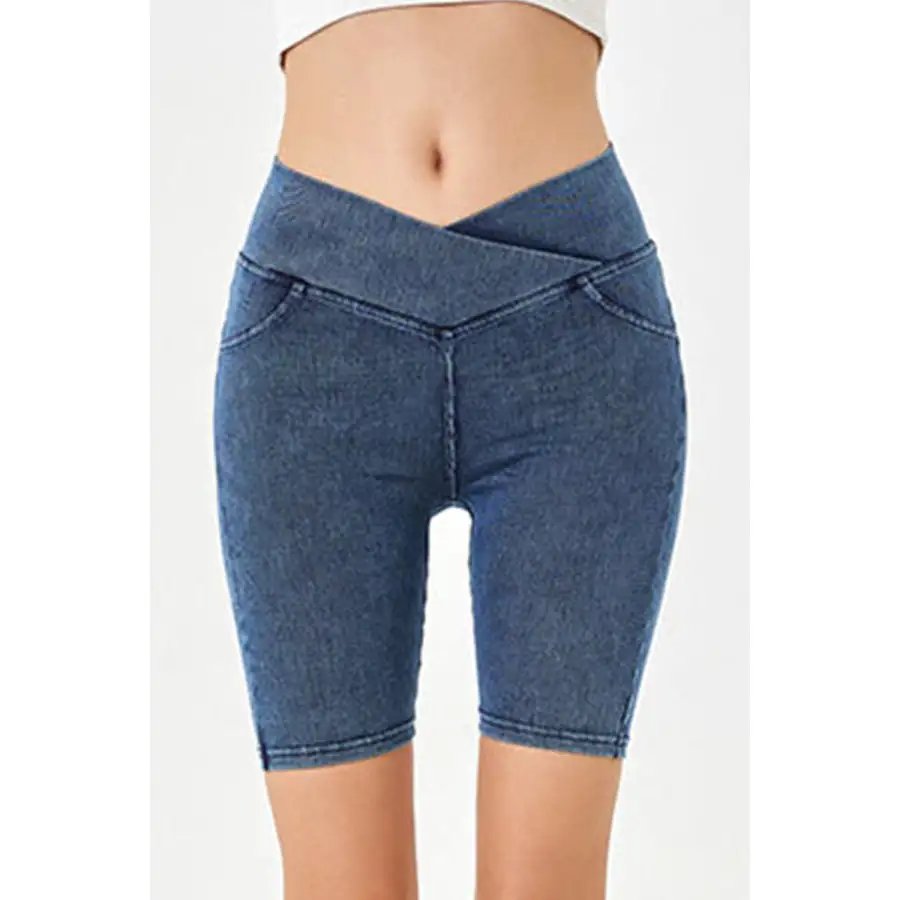 Asymmetrical Waist Denim Shorts with Pockets