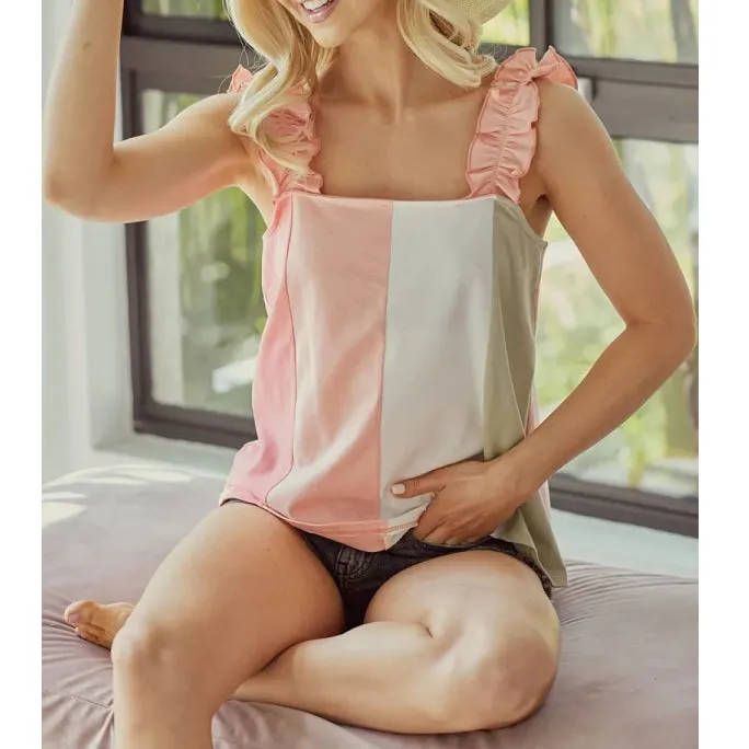 Cotton Span Color Block Ruffle Band Shoulder