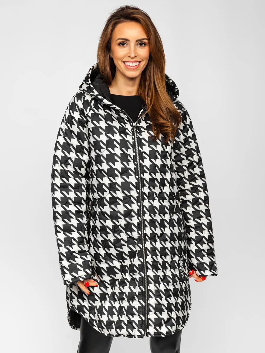 Black and white women's quilted winter jacket with hood