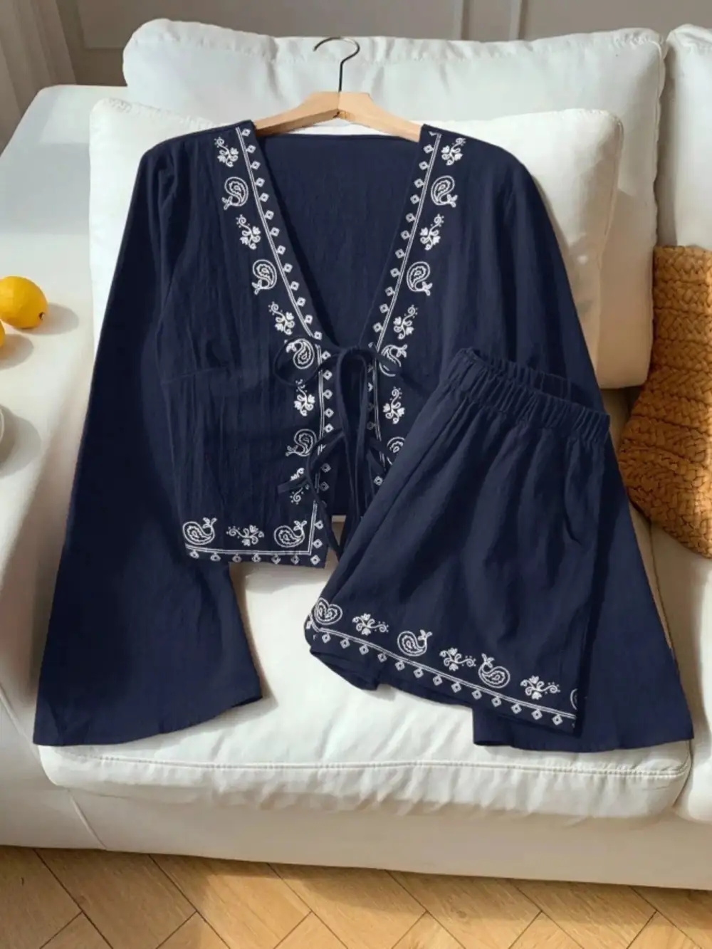 Embroidered Tie Front Top & Shorts Set