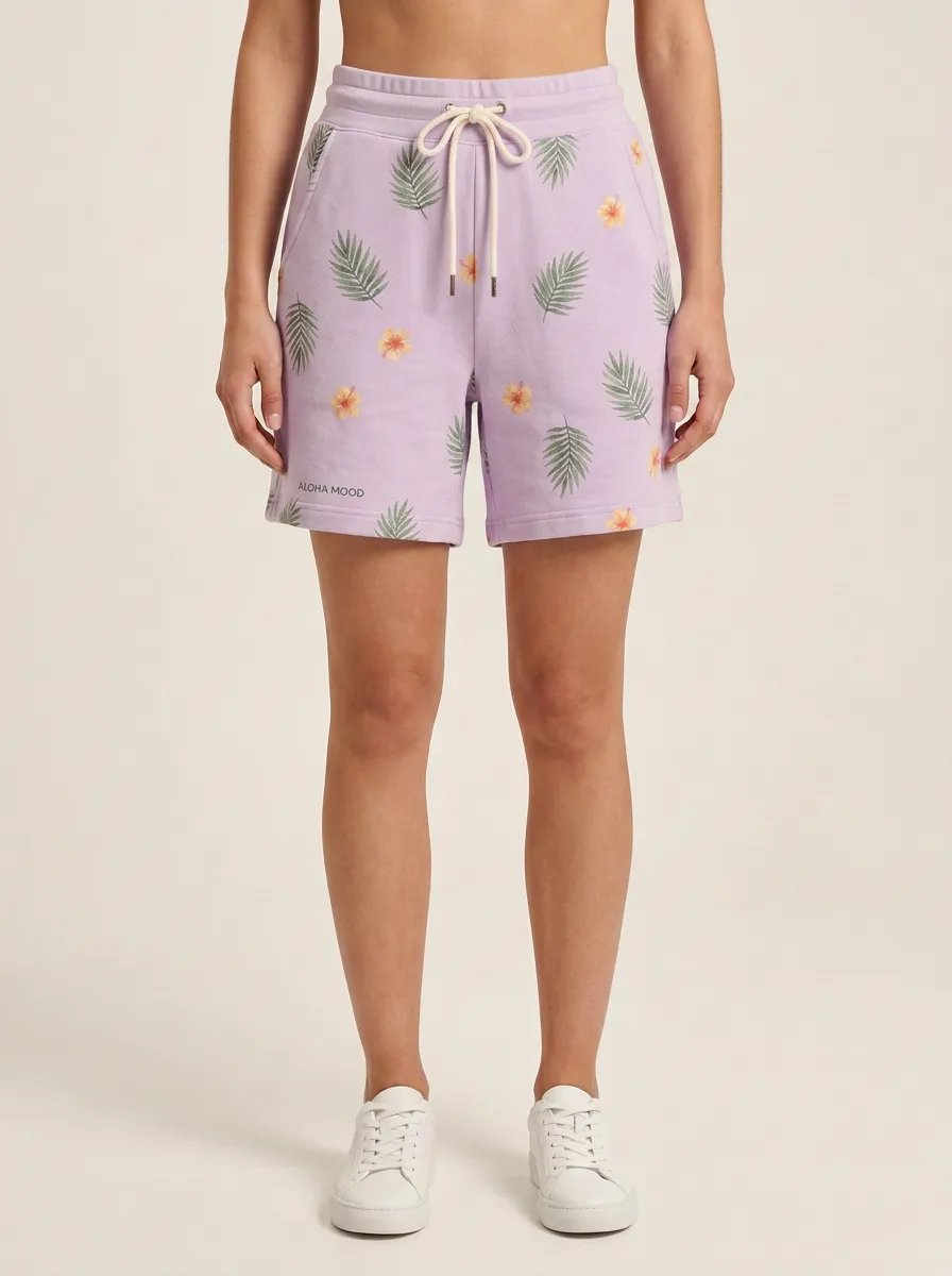 Women's Floral Tropical Hibiscus Palm Leaf Printed Sweat Shorts