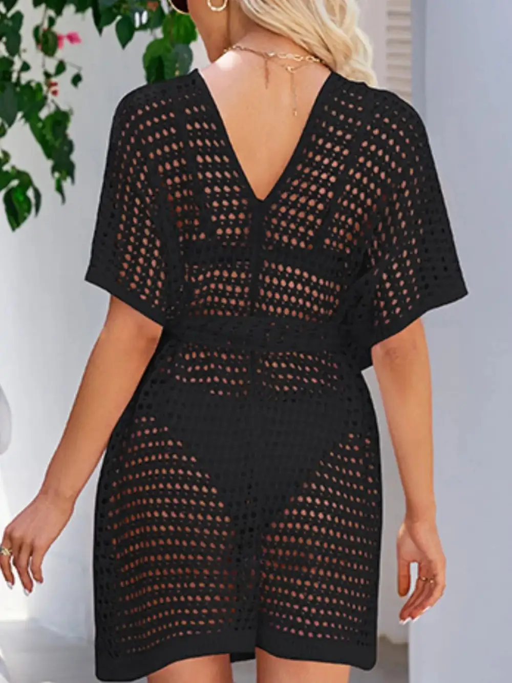 Open Front Tied Openwork Swim Cover Up