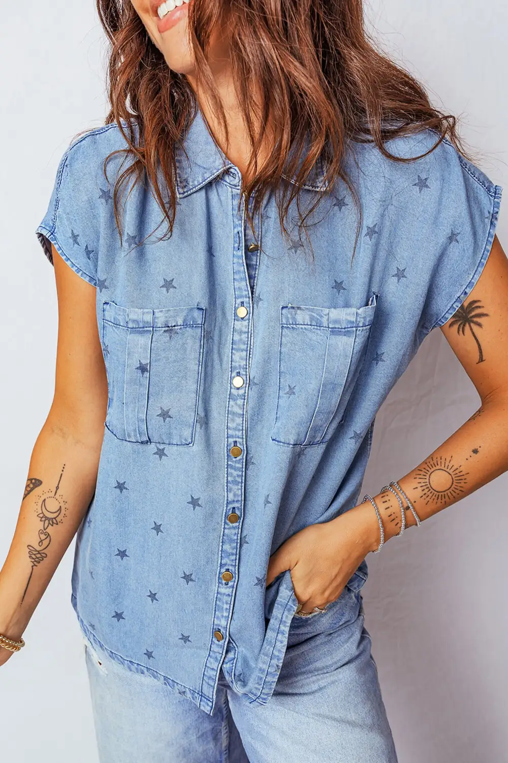Beau Blue Star Allover Print Double Chest Pocket Short Sleeve Denim Shirt