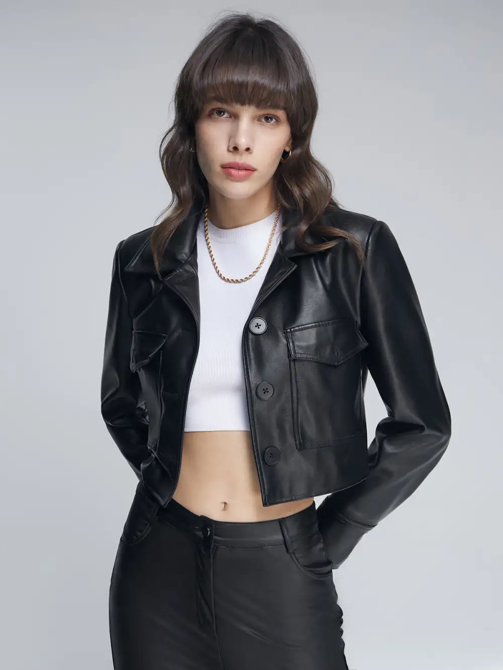 Cropped Double Front Pocket Leather Jacket