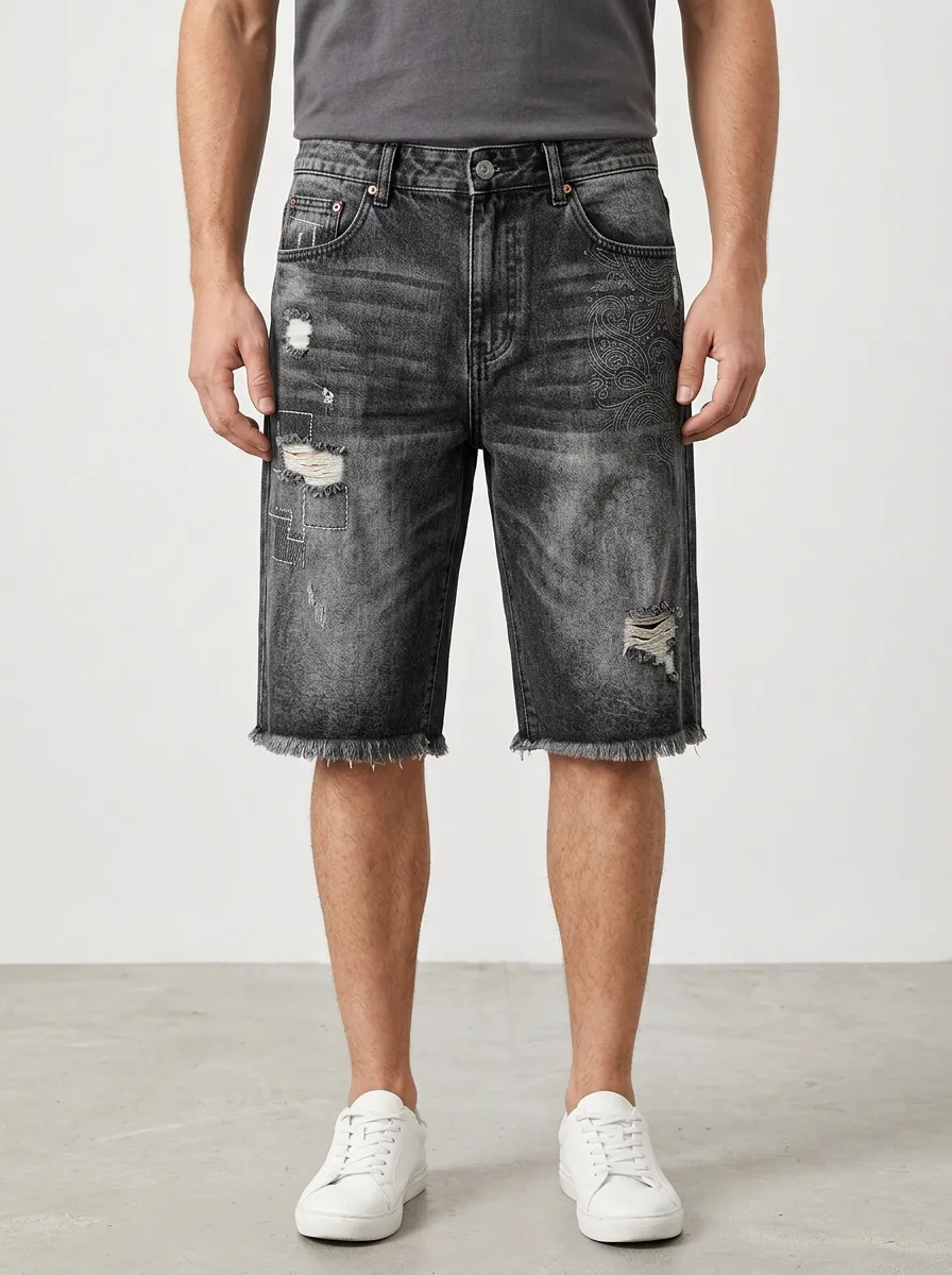 Men's Vintage Inspired Distressed Raw Hem Distressed Denim Shorts
