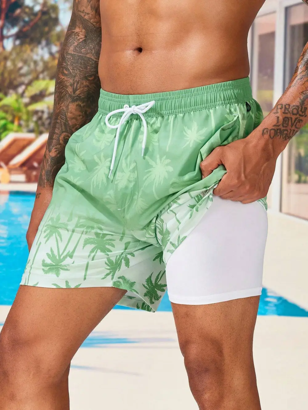Men's Drawstring Coconut Tree Print Pocket Swim Trunks