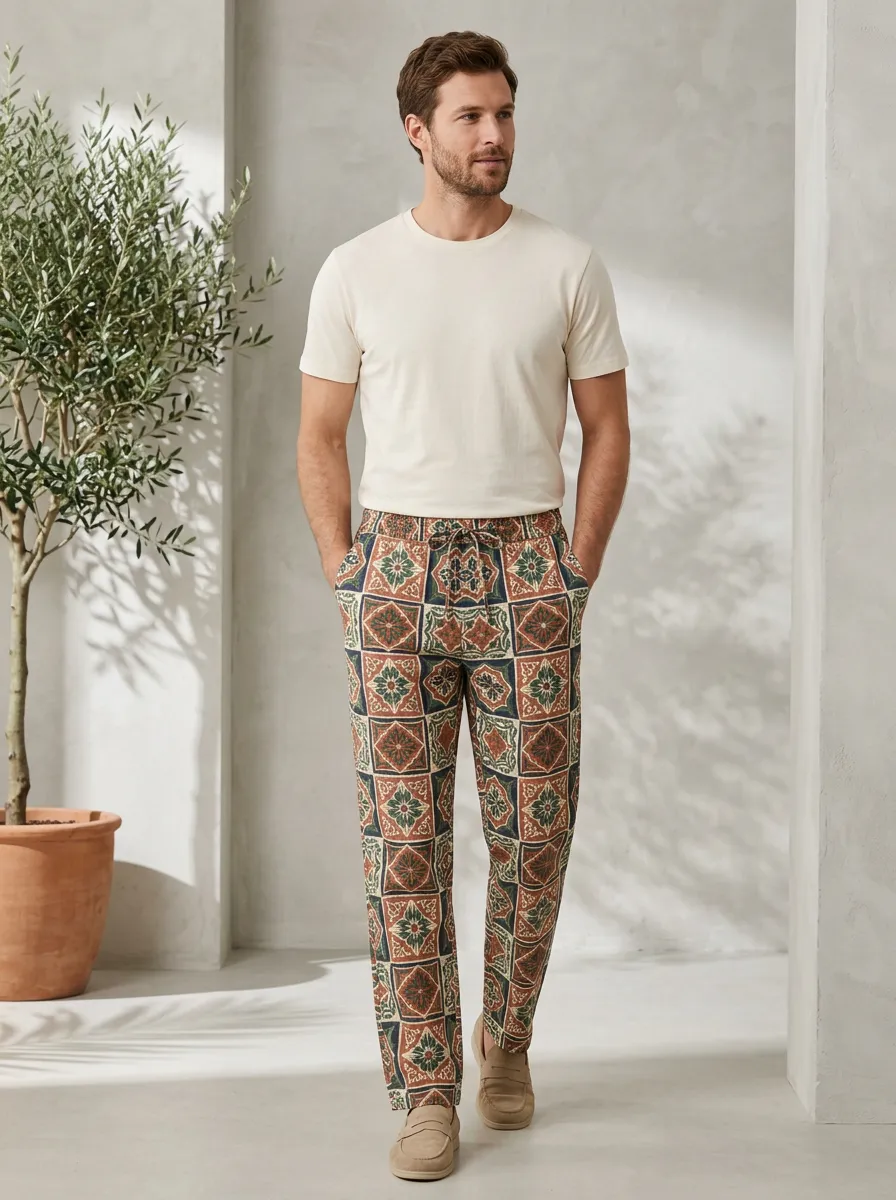 Men's Printed Bohemian Geometric Tile Pants